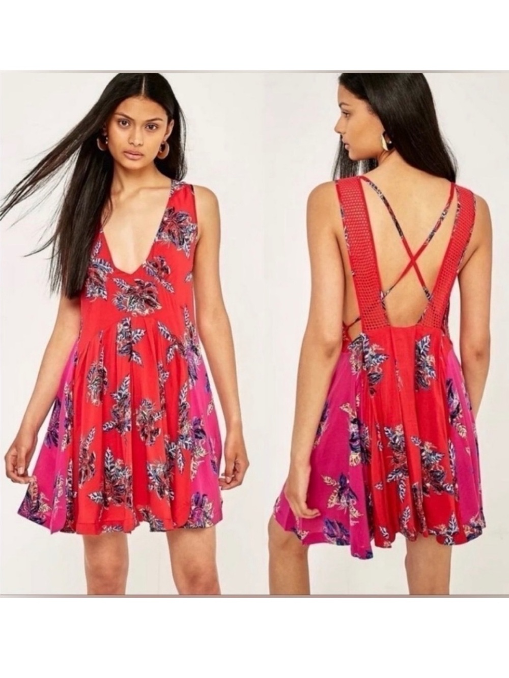 Free People Thought I Was Dreaming Open Back Red Pink Mini Swing Dress Sz XS